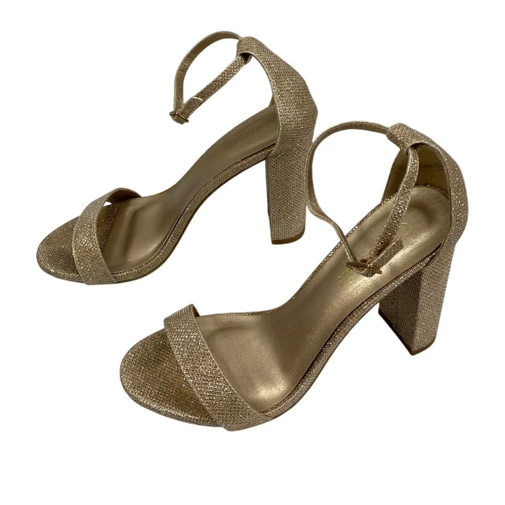 Womens Gold Glitter Ankle Strap Block Heels Size 8 Open Toe Sandals Party Shoes